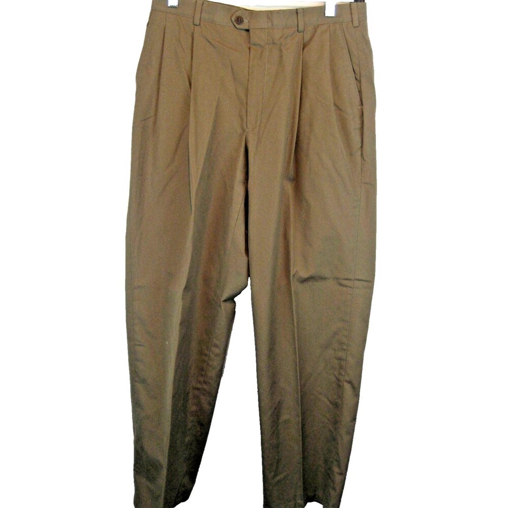 Mens Sansabelt Brown Polyester Pleated Cuffless Casual Pants sz 32 x 31